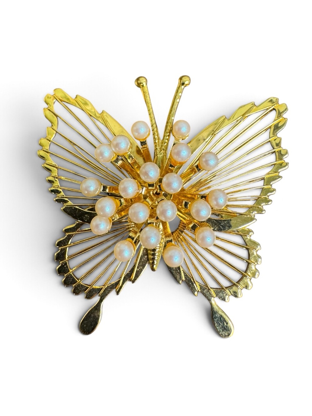 Monet Gold Plated Open Fret Butterfly Brooch Pin with White Faux Pearls Burst